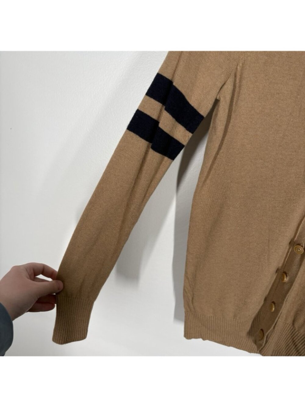 J.Crew Factory Women XS Camel Navy Merino Wool Blend Preppy Varsity Cardigan NWT - Picture 5 of 11